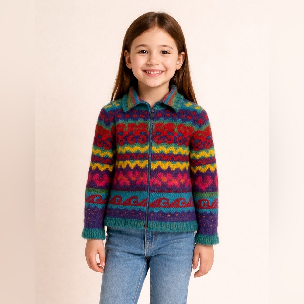 United Colors of Benetton Girls Colorful Knit Sweater Jacket Boho Size M (7–8)
